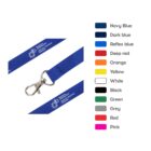 Blue lanyard with a metal clip shown next to a color chart. The chart includes Navy Blue, Dark Blue, Reflex Blue, Deep Red, Orange, Yellow, White, Black, Green, Grey, Red, and Pink.