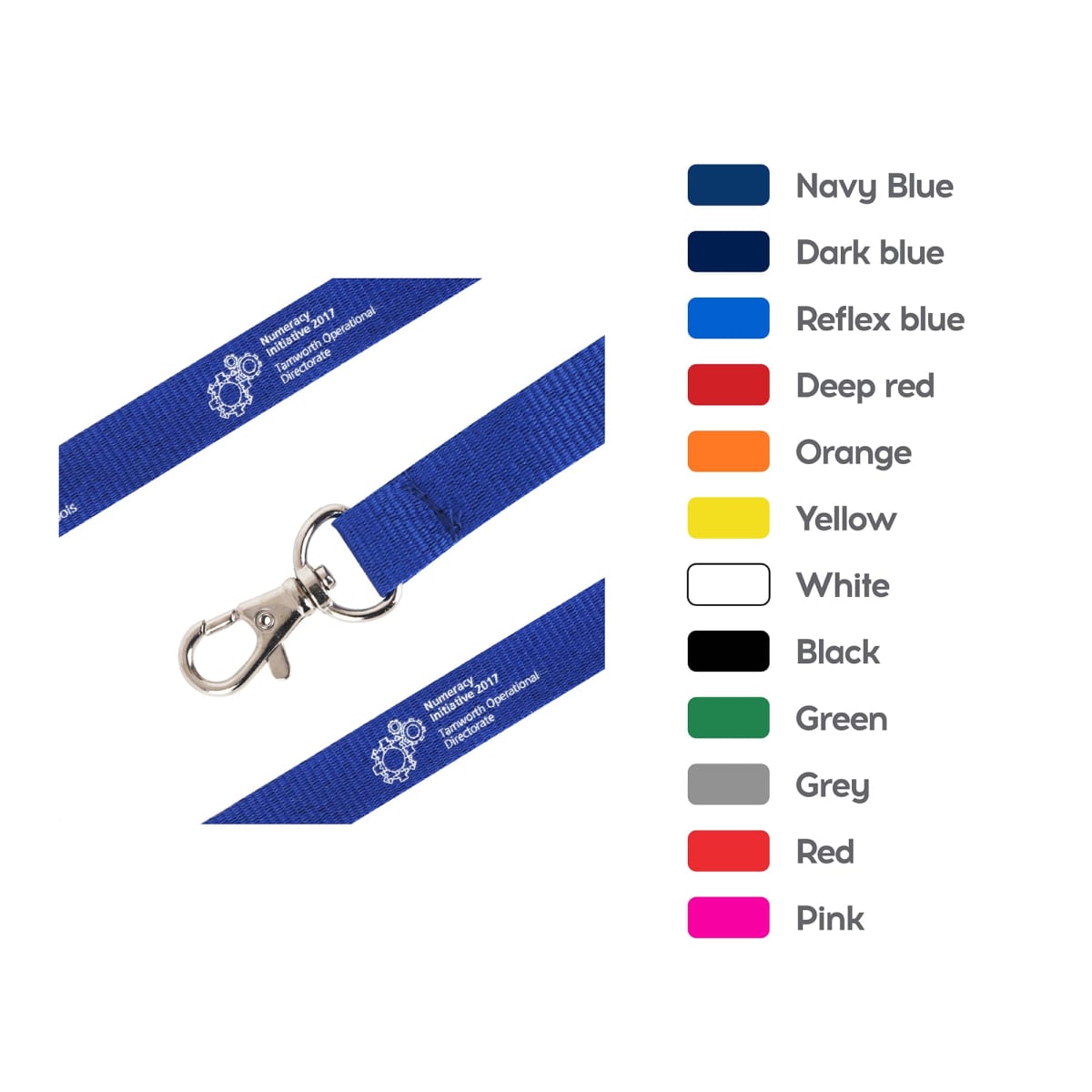 Blue lanyard with a metal clip shown next to a color chart. The chart includes Navy Blue, Dark Blue, Reflex Blue, Deep Red, Orange, Yellow, White, Black, Green, Grey, Red, and Pink.