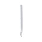 A sleek silver metallic pen with a shiny finish, featuring a smooth cylindrical body and a pointed tip.