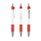 Three ballpoint pens are shown, each with a white barrel, red grip, and red clip. The pens are displayed from different angles: front, side, and back. The pens have click mechanisms.