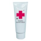 A white tube of hand sanitiser with a red cross symbol and the words HAND SANITISER on the front.