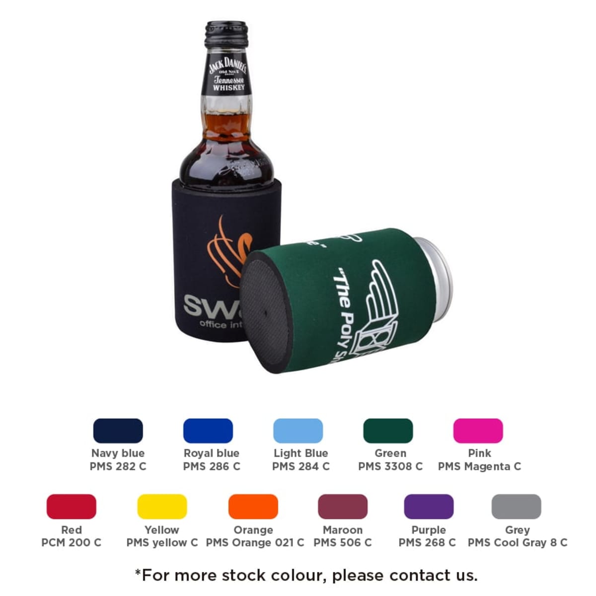 Two beverage coolers are shown, one black with a bottle and one green holding a can. Below are color options including navy blue, royal blue, light blue, green, pink, red, yellow, orange, maroon, purple, and grey with their respective PMS codes.