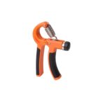 An orange and black adjustable hand grip strengthener with a metallic spring and a black dial for resistance control. The handle features a textured grip for comfortable use.