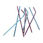 A collection of metal straws in blue and purple, some straight and some bent at an angle, are arranged standing on a white background.