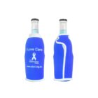 Two blue bottle holders with white trim. One reads I Love Cans with a white ribbon and breast cancer charity text, displaying a website URL. They contain bottles with caps visible.