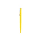 A yellow pen with a silver clip, standing vertically against a white background.