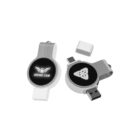 Two silver swivel USB drives are displayed. One is open, revealing the USB connector, while the other is closed. Both have black circular surfaces with a unique white symbol, including the text DRONE CAM on one.