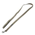 A long, brown dog leash with a repeating circular pattern and a metal clip at one end. The leash features a fabric label with the word FETCH on it.