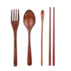 A set of wooden utensils displayed vertically on a white background. From left to right: a fork, a spoon, a small spoon, and a pair of chopsticks. Each utensil has a smooth, polished finish.