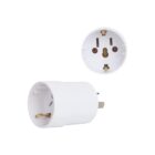 Two views of a white electrical plug adapter are shown against a plain background. One view displays the front with three circular holes, and the other shows its cylindrical side with visible prongs.