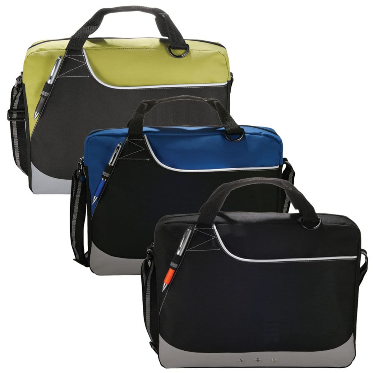 Three fabric briefcases in green, blue, and black, with handles and shoulder straps.