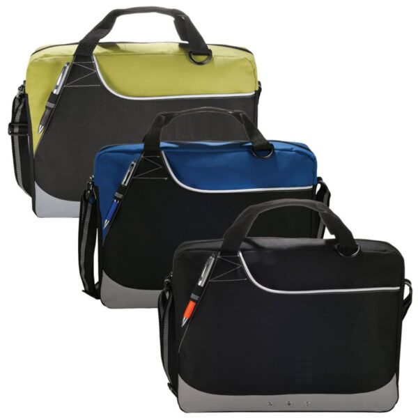 Three messenger bags in lime green, blue, and black with shoulder straps and handles.