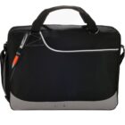 Black and gray laptop bag with a pen clipped on the front.