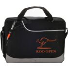 Black and gray bag with kangaroo logo, Roo Open, and a red pen attached.