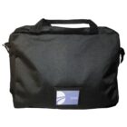 Black soft-sided briefcase with short handles and a small blue logo on the front.