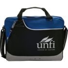 Blue and black UNFI branded laptop bag with shoulder strap and pen holder.