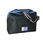 Black and blue duffle bag with a front pocket and a shoulder strap.
