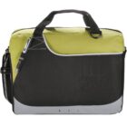 Green and black messenger bag with a shoulder strap and pen pocket.