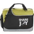 Black and green laptop bag with SHARE JOY text and a pen in the front pocket.