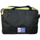 Black and green duffel bag with shoulder straps and a front pocket.