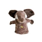 A plush elephant puppet with large ears and a long trunk. Its made of soft brown fabric with white tusks. The word BLUES is embroidered on its chest.
