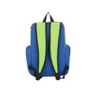 A blue backpack with lime green padded shoulder straps and black detailing, viewed from the back. It has a loop handle at the top and side pockets.