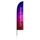 A vertical feather banner with a geometric gradient pattern in purple, pink, and blue shades. Text on the banner reads 13.5 Feather Banner. The banner curves at the top and has a supporting pole.