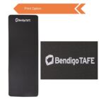 Black yoga mat with Bendigo TAFE logo displayed in white at the top. A zoomed-in section highlights the textured surface and logo detail. Above, an orange arrow labeled Print Option points towards the mat.