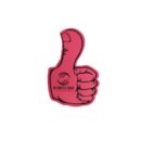 Red thumbs-up illustration with a cartoonish style, displaying a business logo and tagline in black. The thumb and fingers are prominently outlined, suggesting approval or endorsement. Set against a white background.
