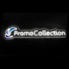 Illuminated PromoCollection sign with a blue and white logo on a dark background. The logo features a curving abstract design to the left of the text.