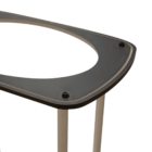 A sleek, modern table with a dark, triangular glass top featuring rounded edges and smooth corners. It is supported by thin, metallic legs and has a cutout section on the top surface.