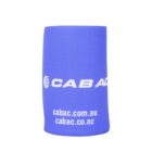 A blue cylindrical drink cooler with the white logo CABAC and website URLs cabac.com.au and cabac.co.nz printed on it, designed for keeping beverages cool.