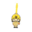 A cartoon keychain character shaped like a firefighter wearing a yellow helmet and uniform, with a cheerful expression and giving a thumbs-up gesture.