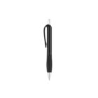 A black retractable ballpoint pen with a silver clip, displayed vertically against a plain white background.