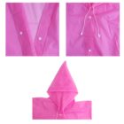 Pink raincoat details with hood, buttons, and drawstrings shown in three separate sections.