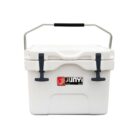 A white portable cooler with a metal handle and two dark gray latches. The front features a logo with red and black text.