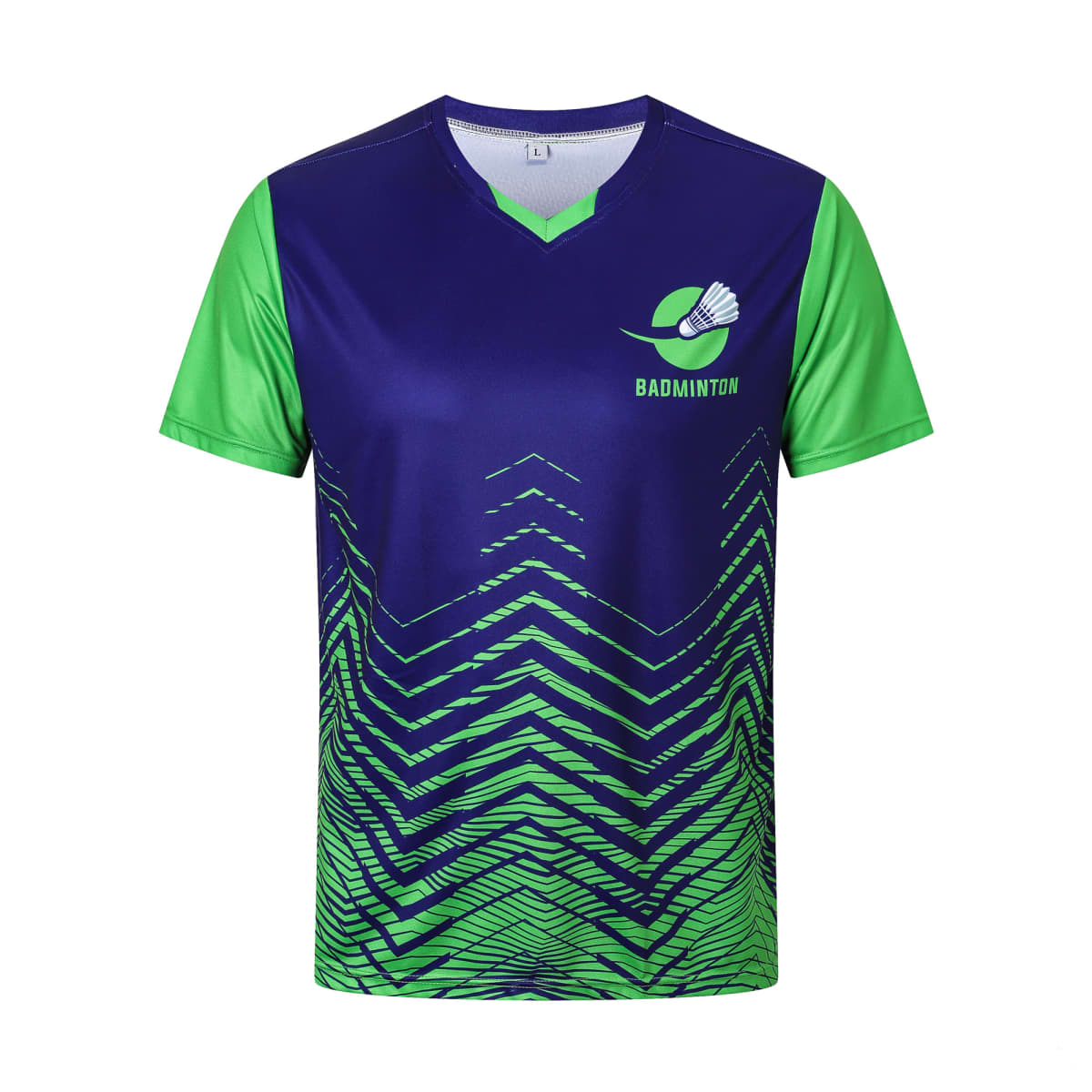 A badminton jersey featuring a dark blue and bright green color scheme. The top portion is dark blue with BADMINTON and a shuttlecock graphic. The bottom has a green zigzag pattern. The sleeves are bright green.