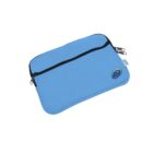 A blue zippered pouch with two black zippers and a small circular logo in the bottom right corner. The pouch appears to be made of fabric and is slightly rectangular in shape.