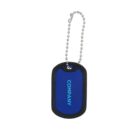 A blue dog tag with the word COMPANY in white letters, encased in a black rubber border. It is attached to a metal ball chain with a clasp.