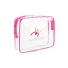 Clear zippered pouch with pink trim and FLAMENCO logo on front.