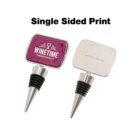 Two wine stoppers are displayed. One shows a WINETIME PREMIUM QUALITY label on a red background; the other has MADE IN CHINA text. Both feature silver designs with black rubber seals. Text above reads Single Sided Print.