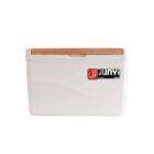 A white Junyi bread box with a wooden lid, featuring the Junyi logo in black and red on the front. The box has a simple, rectangular design.