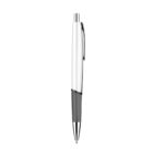 A silver and black retractable pen standing upright against a plain white background. The pen features a shiny silver body with a black grip and clip.
