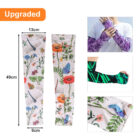A promotional image of upgraded arm sleeves. The main sleeve shown features a floral and insect pattern with dimensions: 13cm width, 49cm length, 9cm wrist width. Three smaller images show different patterned sleeves worn on arms.