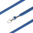 A close-up of a blue fabric lanyard with a silver metal clip attached. The lanyard is laid out flat, showcasing its simple design and sturdy construction.