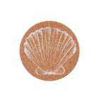A round cork coaster with a white seashell illustration in the center.