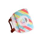 Colorful insulated lunch bag with diagonal stripes in red, yellow, and blue, featuring a logo and the text Business Name. It has brown handles and is lying on a white background.