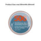 A round sticker with text celebrating the 500th nacelle and hub assembly by Hutchinson Nacelle Assembly Facility, dated April 2012. The sticker is blue with an orange 500 and a white wind turbine graphic. Maximum size is 89mm by 89mm.