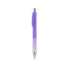 A purple ballpoint pen with a silver tip and click mechanism, featuring white accents and grooves along the barrel. The pen is isolated on a white background.