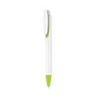 A white and green ballpoint pen with a wide clip, resting vertically on a white background.